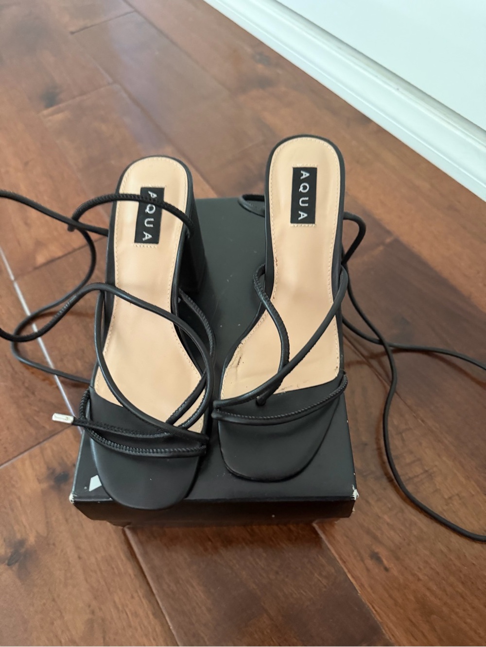 Aqua Black Lace-Up Square-Toe Heeled Sandals